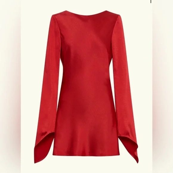 MESHKI Davina Red Satin Long Sleeve Open Back Mini Dress Small NWT - Picture 9 of 15
